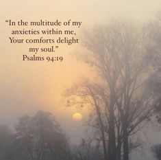 a foggy field with trees in the foreground and a bible verse written on it