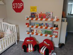 a baby's room with bookshelves and toys