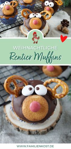 an image of reindeer cupcakes with chocolate frosting and pretzels on top