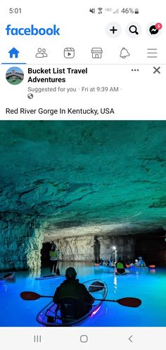 a man in a kayak inside of a cave with the caption facebook to bucketlist