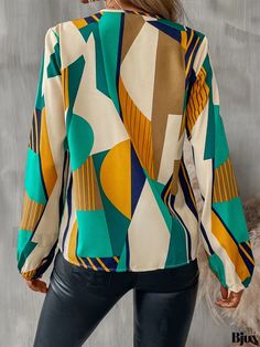 Bjux - Womens Spring and Fall Casual Long Lantern Sleeve Blouse with Geo Printed V-neck Design Patterned Printed V-neck Blouse, Chic V-neck Blouse With Graphic Print, Trendy V-neck Blouse With Graphic Print, Multicolor Print V-neck Top For Fall, Chic Multicolor Print V-neck Blouse, Spring V-neck Top With Colorful Pattern, Green Printed V-neck Top, Patterned Abstract Print V-neck Top, Multicolor Printed V-neck Blouse