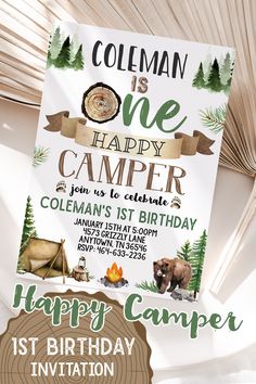 a camper birthday party flyer with an image of a bear