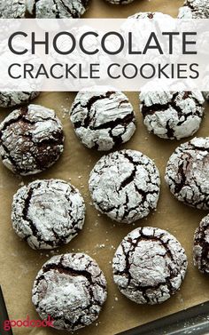 chocolate crinkle cookies sitting on top of a cookie sheet with the words, chocolate crinkle cookies