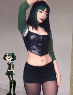 a woman with green hair and black stockings