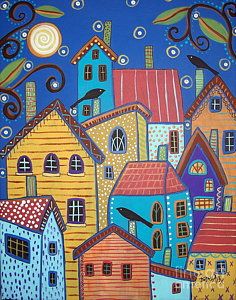 a painting of colorful houses with birds flying over the roofs and trees in front of them