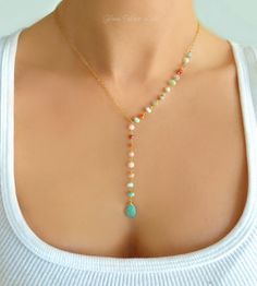 Peruvian opal and turquoise necklace gemstones adorn this beautiful and unique necklace. Made with real bright Peruvian opal and turquoise........................ Attached are genuine opal gemstones and turquoise. (Turquoise teardrop stone measures about 9-11 mm) Chain is sparkly 14k gold fill or sterling silver Necklace is shown at 18” length. Please choose your length at checkout. The length measurement does not include the dangle section. The drop section after the Y is approx 2 inches additi Opal Necklaces, Opal Necklace Gold, Unique Beaded Jewelry, Women's Necklace, Peruvian Opal, Trik Fotografi, Lariat Necklace, Opal Necklace, Turquoise Earrings