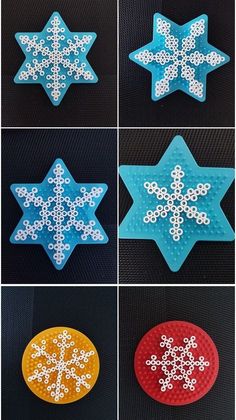 six snowflakes are shown in four different colors and sizes, each with white dots on them