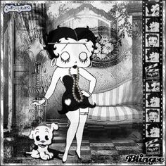 a black and white drawing of a woman in a dress next to a small dog