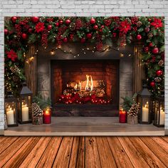 a fireplace decorated with christmas decorations and candles