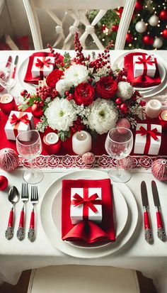 a table set for christmas dinner with red and white napkins, silverware and flowers