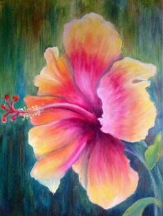 a painting of a pink and yellow flower