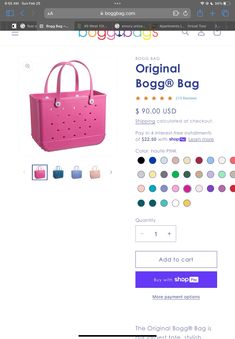 a pink bag is on the internet page for shoppers to see it in full view