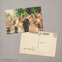 an old postcard with the image of a newly married couple and guests throwing confetti on them