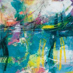 an abstract painting with blue, yellow and pink colors