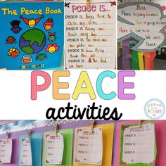 a collage of pictures with the words peace activities written on them and in different colors