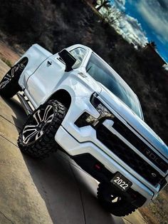 a white truck parked on the side of a road