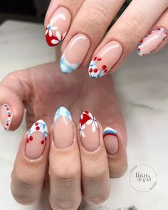 Explore 28 stunning 4th of July nail art ideas, just like these pale blue and red French tip nails with cherries! From subtle designs to striking accents, these nails are perfect for adding a patriotic touch to your summer look. 4th Of July Nails With Cherries, Cherry 4th Of July Nails, Subtle 4th Of July Nails Almond, Forth Of July Nail Art Designs, Patriotic French Tip Nails, Fourth Of July Nails 2024, Fourth Of July Nails Square, French Tip Nails With Cherries, Blue Cherry Nails