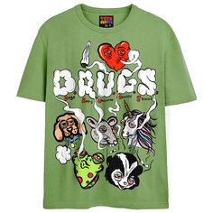 I ♥ D.R.U.G.S. T-Shirts DTG Small Green Green Casual T-shirt With Cartoon Print, Green Fun T-shirt With Screen Print, Fun Green T-shirt With Screen Print, Green Crew Neck Band Merch T-shirt, Trendy Green Top With Graphic Design, Green Cartoon Print Short Sleeve Tops, Green Short Sleeve Tops With Cartoon Print, Green Short Sleeve Top With Cartoon Print, Green Crew Neck T-shirt For Streetwear