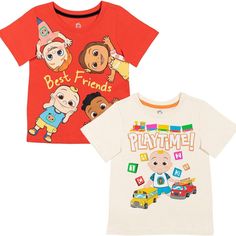 two children's t - shirts with cartoon characters printed on the front and back