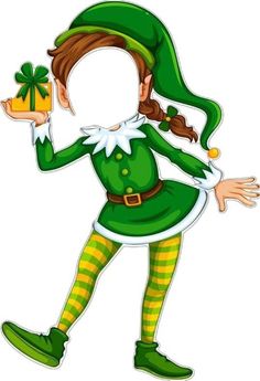 an elf holding a present in her hand and pointing at it's side with both hands