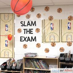 a room with basketballs, bookshelves and other sports related items on the wall