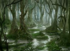 a painting of a swampy area with lots of trees and moss growing on the ground