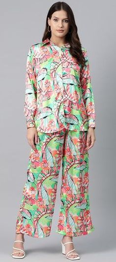 Multicolor color Co-ords Set in Satin Silk fabric with Printed work Casual Multicolor Printed Pant Set, Multicolor Matching Pant Set For Spring, Multicolor Floral Print Loungewear Sets, Green Long Sleeve Matching Pant Set, Casual Multicolor Long Sleeve Pant Set, Multicolor Printed Long Sleeve Sets, Multicolor Printed Sets With Long Sleeves, Spring Multicolor Sets With Vibrant Print, Multicolor Printed Sets For Spring