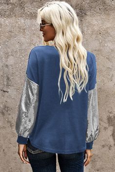 Sequin Splicing Blue V Neck Bishop Sleeves Top Blue Tops With Splicing For Fall, Blue Spliced Tops For Fall, Fall Blue Spliced Tops, Bubble Sleeve Top, Tops Long Sleeve, Black Long Sleeve Top, Sleeves Top, Blue V, Long Sleeve Knit Tops