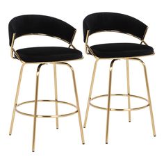 pair of black velvet bar stools with gold metal frame and footrests on white background