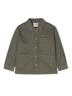 olive green cotton blend logo patch at the chest classic collar front button fastening long sleeves buttoned cuffs three front patch pockets straight hem Military Style Cotton Utility Jacket With Buttoned Pockets, Cotton Utility Jacket With Long Sleeves, Green Button-up Top With Patch Pockets, Classic Cotton Shacket With Snap Buttons, Olive Button-up Cotton Outerwear, Olive Cotton Button-up Outerwear, Olive Cotton Outerwear With Patch Pockets, Casual Olive Cotton Utility Jacket, Olive Long Sleeve Cotton Utility Jacket