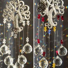 two pictures of the same wind chime with different colored beads and crystals hanging from it's sides