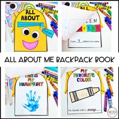 all about me backpack book with markers and crayons on the pages, including handprints