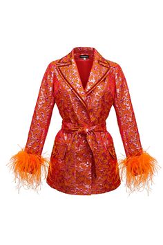 Feather Outfit, Feather Cuffs, Feather Jacket, Red Feather, Trim Jacket, Handmade Knitting, Independent Designers Fashion, Red Jacket, Printed Fabric