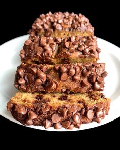 slices of chocolate chip banana bread on a white plate