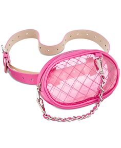 Adorned with an optional swag chain, Steve Madden's see-through belt bag is perfect for going glamorously hands-free at games and events.
<ul>
 	<li>Approx. width: 1-1/8"</li>
 	<li>Zip pouch: 7"W x 4-3/4"H x 1-3/4"D; removable chain; silver-tone hardware</li>
 	<li>Single-prong buckle; single keeper</li>
 	<li>Sizes: S: 38"; M: 40": L: 42"; XL: 44"</li>
 	<li>Fits iPhone 8 Plus (or similar) or smaller model</li>
 	<li>Also Clear Belt, Steve Maddens, Plus Size Belts, Clear Purses, Woven Belt, Zip Pouch, Mens Gift Sets, Medium Bags, Online Bags