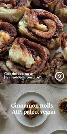 cinnamon rolls are sitting on plates next to each other and the words cinnamon rolls alp paleo vegan