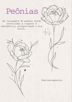 a drawing of two flowers with the words peonias written in spanish and english