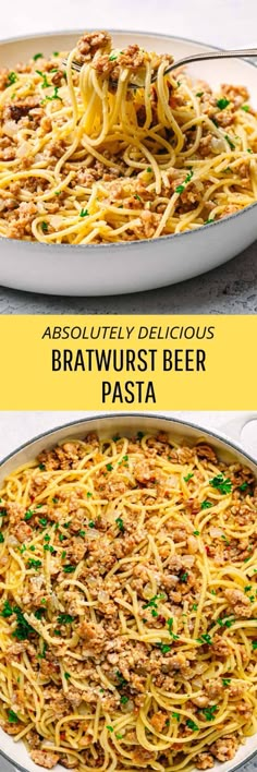 two pictures showing different types of pasta in pans with the words, absolutely delicious bratwurst beer pasta