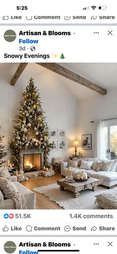 a living room filled with furniture and a christmas tree in the middle of the room