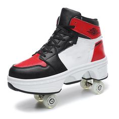 a pair of black and red roller skates