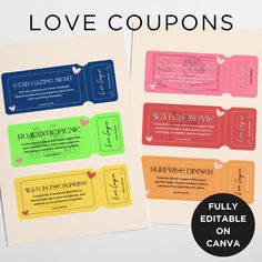 two coupons with the words love coupons written on one side and the other