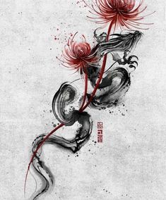 an artistic painting with red flowers in the middle and black ink on white paper behind it