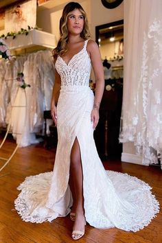 NumberSea - NumberSea Gorgeous Mermaid Backless V - neck Lace Appliques Wedding Dresses, MW1018 Wedding Dresses Backless, Homecoming Dresses Corset, Lace Applique Wedding Dress, Wedding Dr, Bridal Dresses Lace, Womens Wedding Dresses, V Neck Wedding Dress, Applique Wedding, Applique Wedding Dress