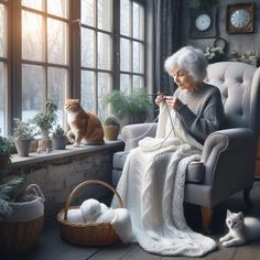 an elderly woman knitting in front of a window with her cat sitting on the chair