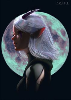 a woman with white hair standing in front of a full moon