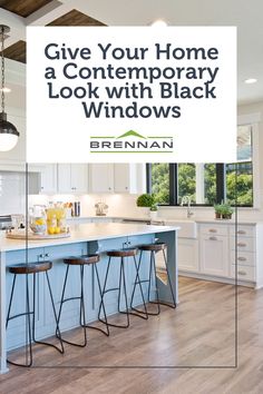 open floor contemporary style kitchen featuring white cabinets and backsplash with egg blue accents and black windows Colored Walls, 100 Series, Window Replacement, Home Styles, Black Windows, Upgrade Your Look, Picture Windows, Home Style, Contemporary Home