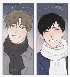 two anime characters are smiling and one is wearing a scarf