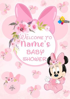 a pink minnie mouse baby shower sign with flowers on the bottom and a name in the middle