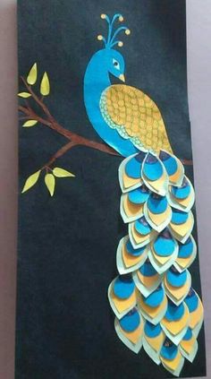 a painting of a peacock sitting on a tree branch