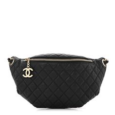 This is an authentic CHANEL Calfskin Quilted Banane Waist Bag Fanny Pack in Black. This stylish waist bag is finely crafted of diamond quilted black calfskin leather. The bag features a gold chain link and leather belt waist strap and a top zipper pocket with a Chanel CC zipper pull. This opens to fabric interior with a patch pocket. Paint It Black, Waist Strap, Bum Bag, Diamond Quilt, Waist Bag, Fanny Pack, Leather Belt, Chain Link, Gold Chain